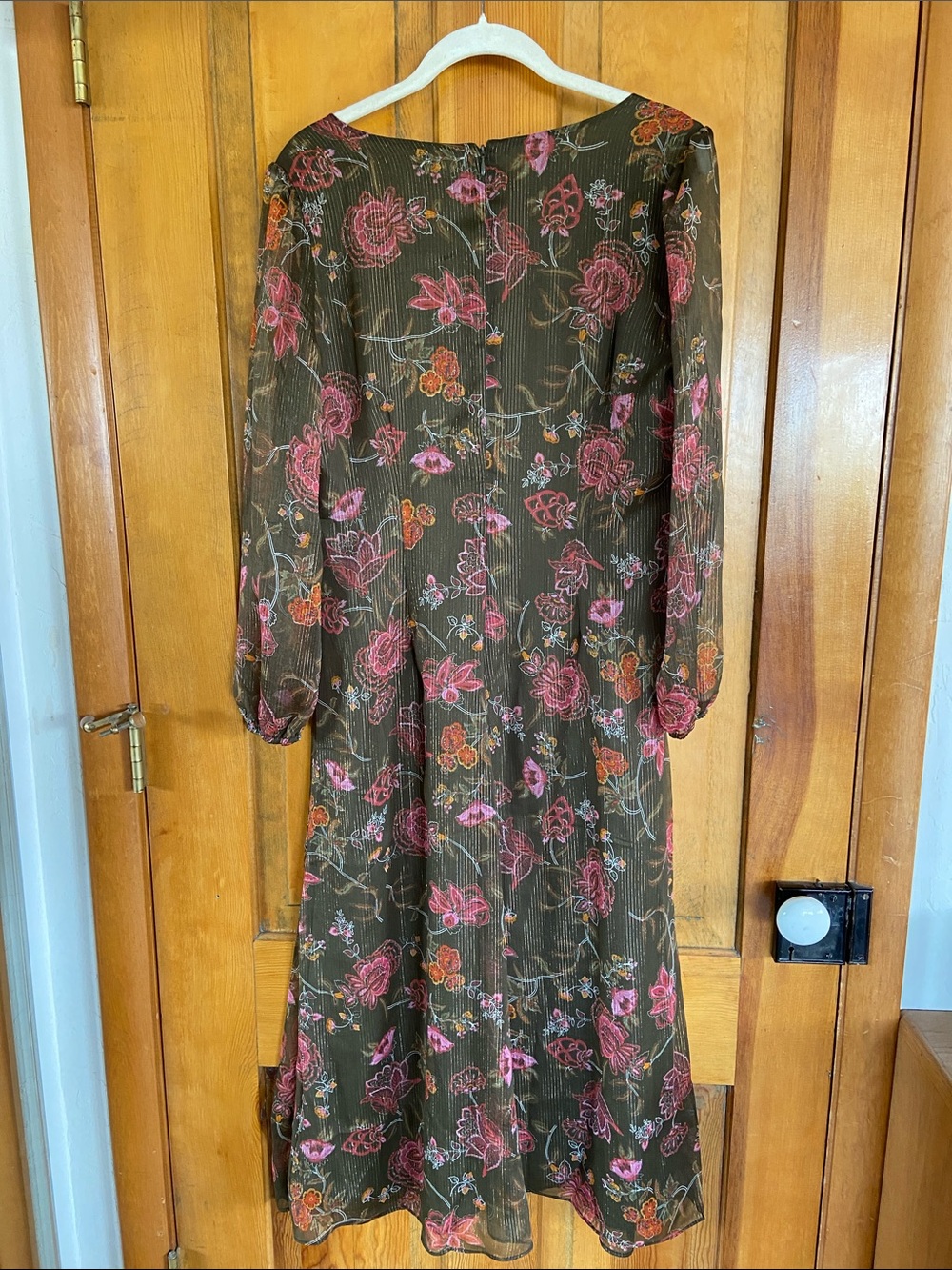 Talbots Olive Floral Long-Sleeve Midi Dress with Pink Accents and Gold Shimmer - Picture 3 of 4